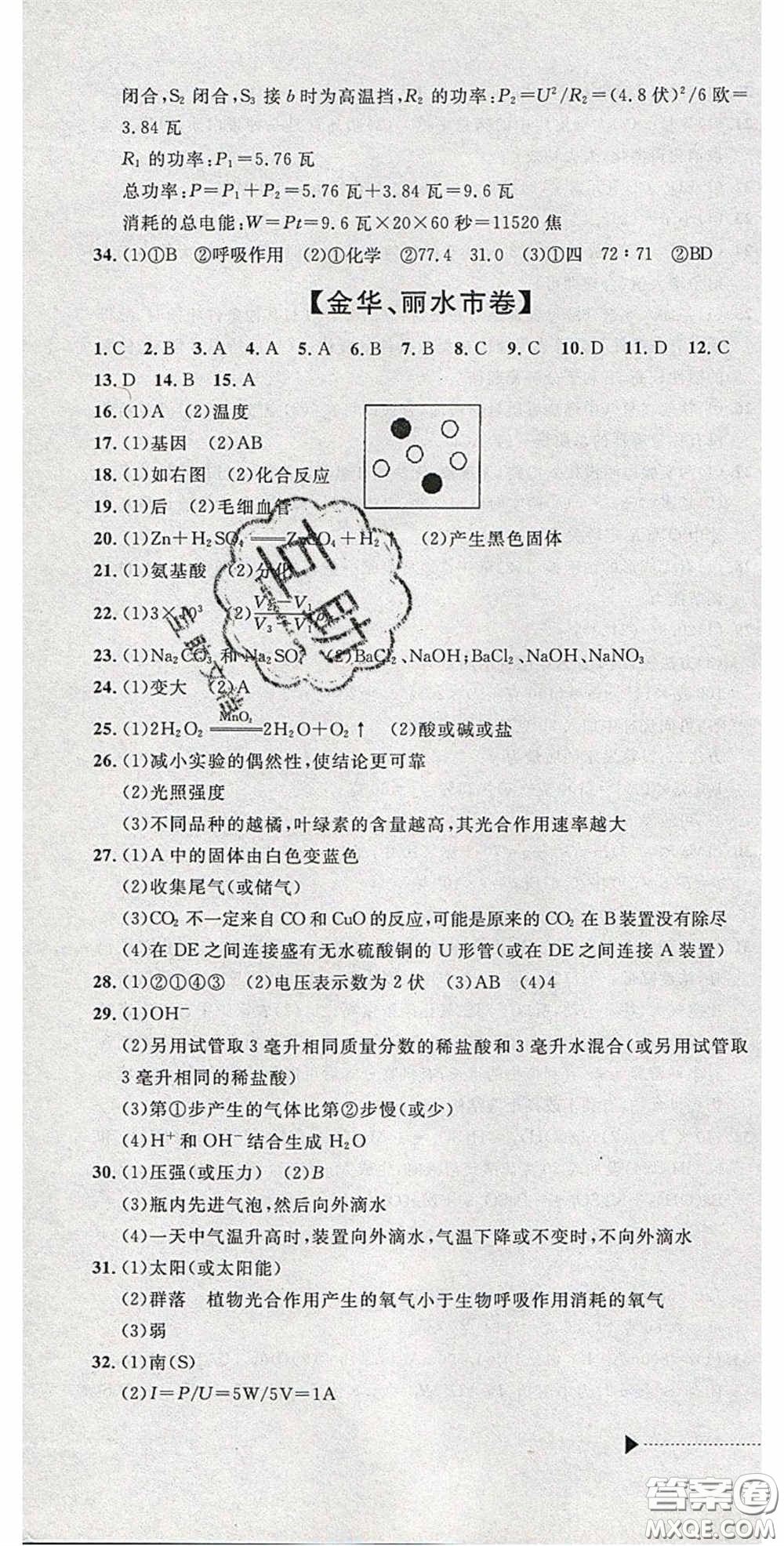 2020年中考必備2019中考利劍浙江省中考試卷匯編科學答案