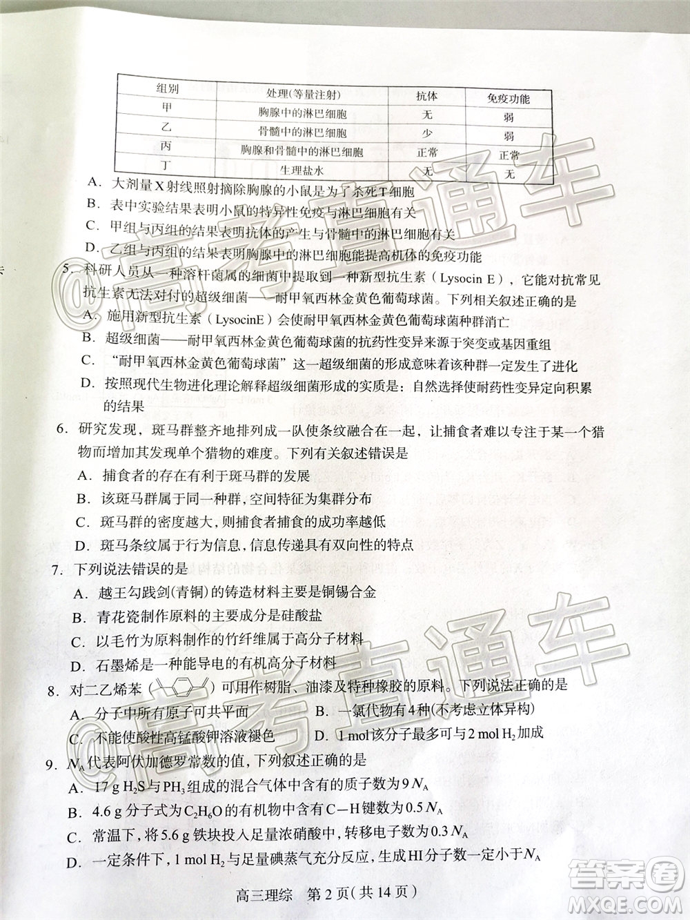 石家莊市2020屆高中畢業(yè)班綜合訓練二理科綜合試題及答案