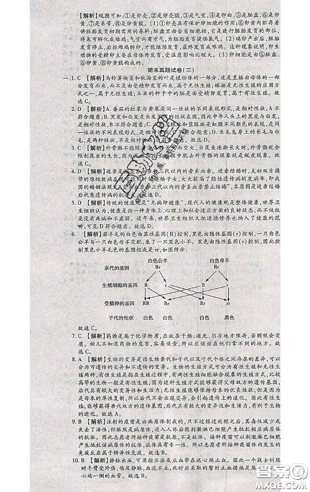 2020春全程測評試卷八年級生物下冊人教版答案