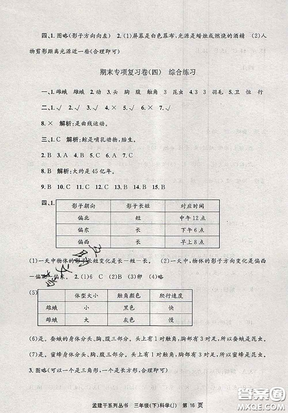 2020年孟建平各地期末試卷精選三年級(jí)科學(xué)下冊(cè)教科版答案