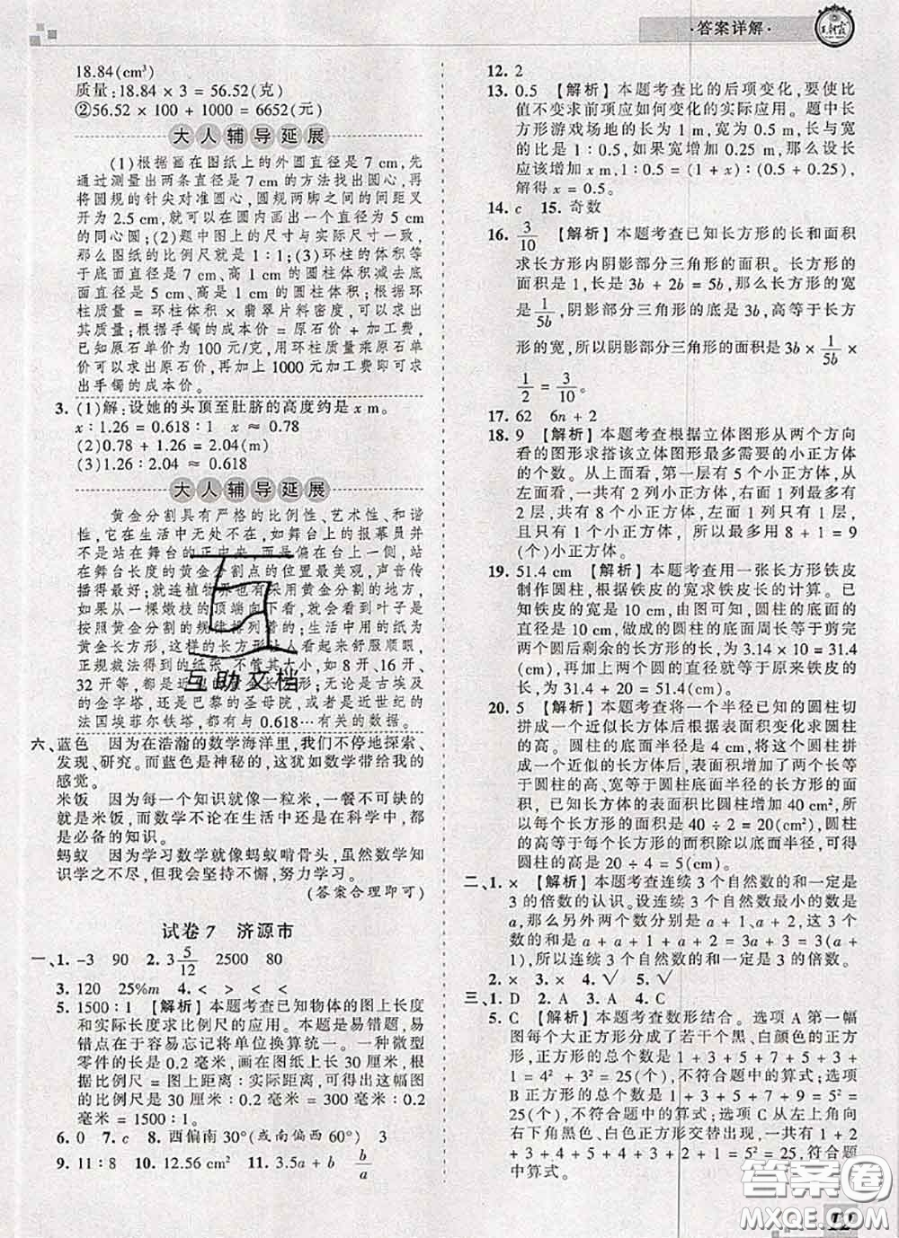 2020年王朝霞各地期末試卷精選六年級數(shù)學(xué)下冊人教版河南專版答案