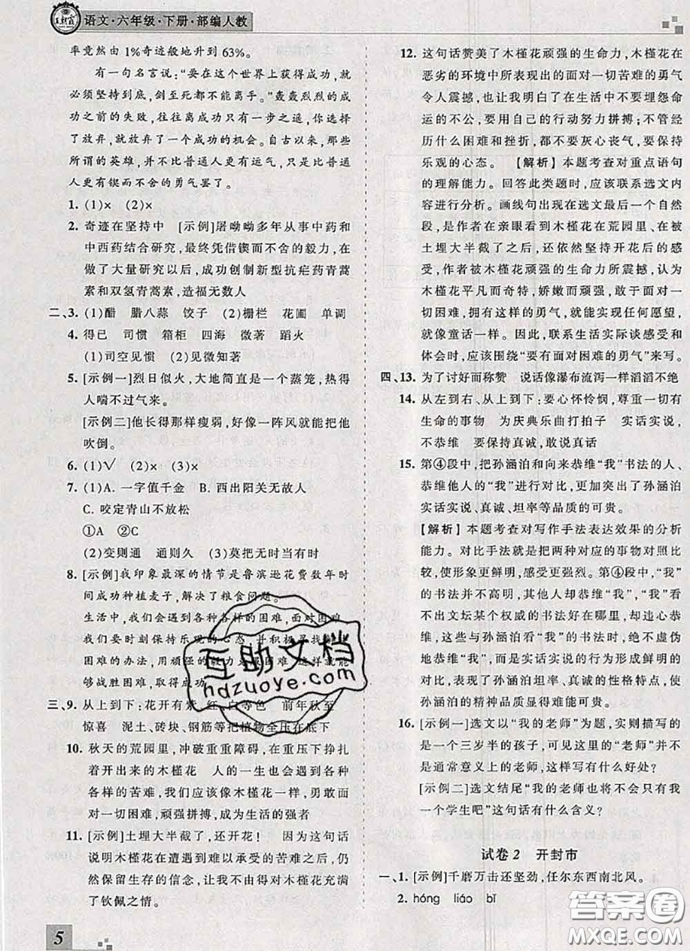 2020年王朝霞各地期末試卷精選六年級語文下冊人教版河南專版答案