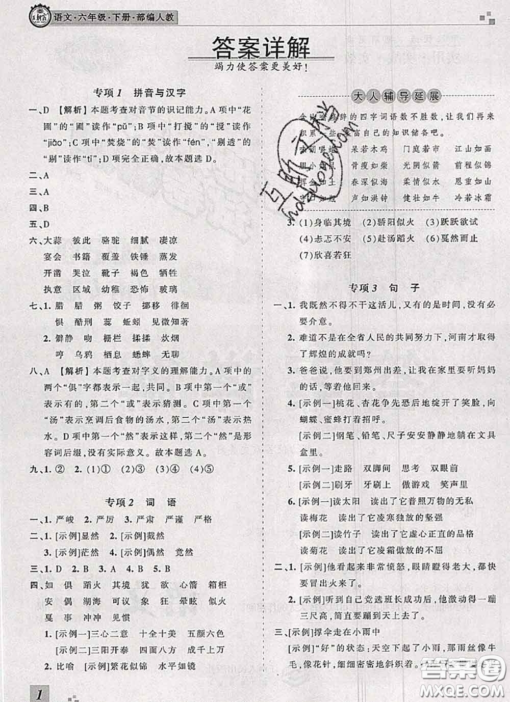 2020年王朝霞各地期末試卷精選六年級語文下冊人教版河南專版答案