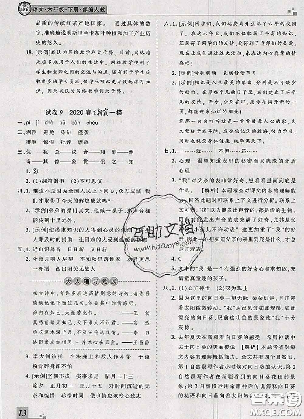 2020年王朝霞各地期末試卷精選六年級語文下冊人教版河南專版答案