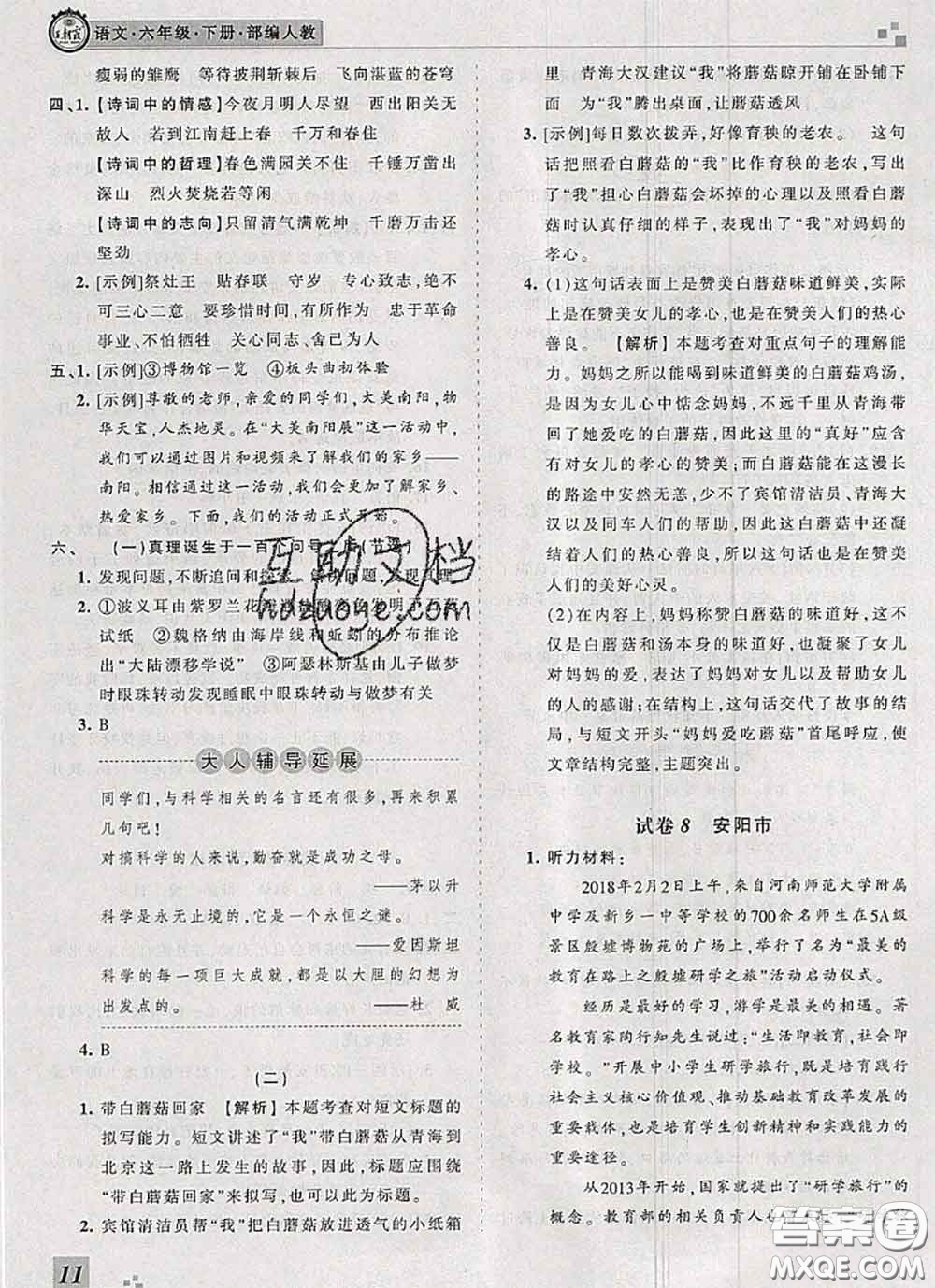 2020年王朝霞各地期末試卷精選六年級語文下冊人教版河南專版答案