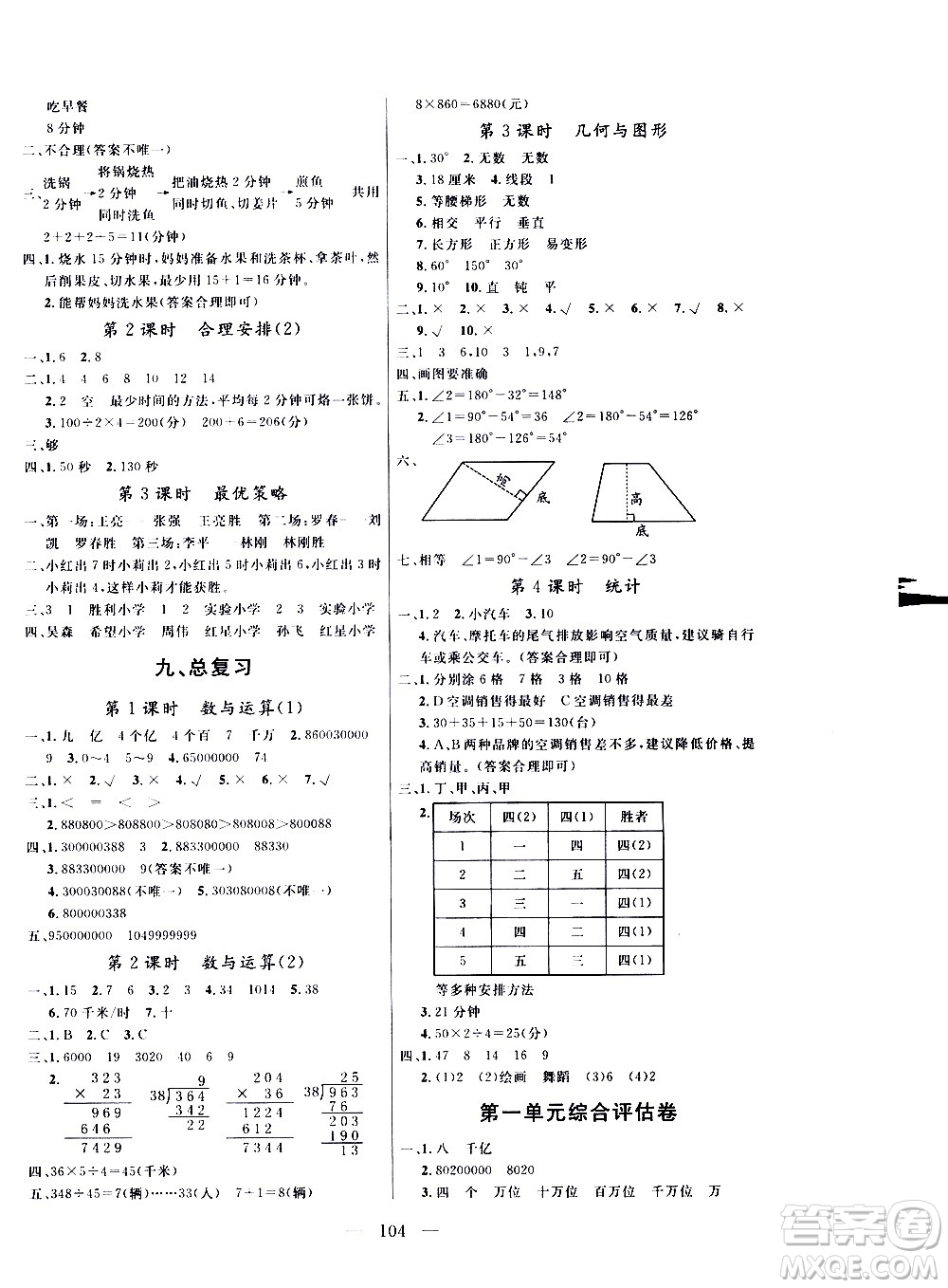 2020年?duì)钤憔氄n時(shí)優(yōu)化設(shè)計(jì)數(shù)學(xué)四年級上冊RJ人教版參考答案