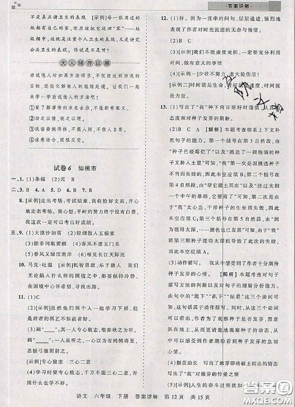 2020年王朝霞各地期末試卷精選六年級語文下冊人教版湖北專版答案