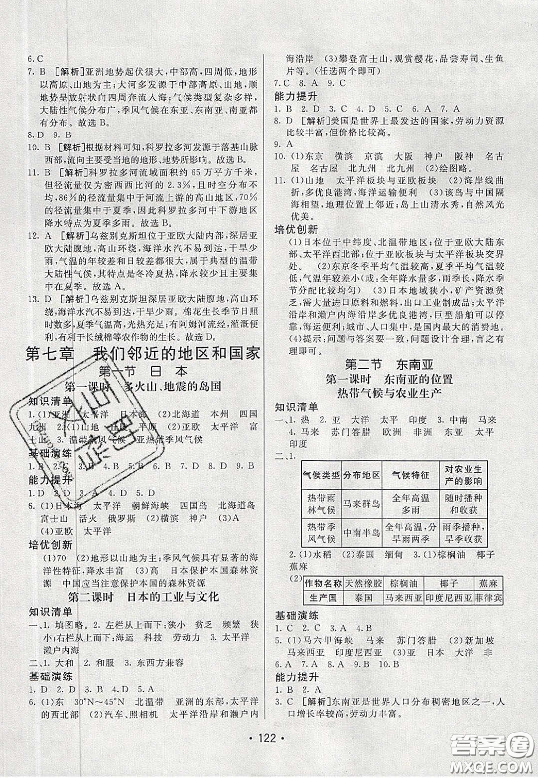 2020年同行學案學練測七年級地理下冊人教版答案