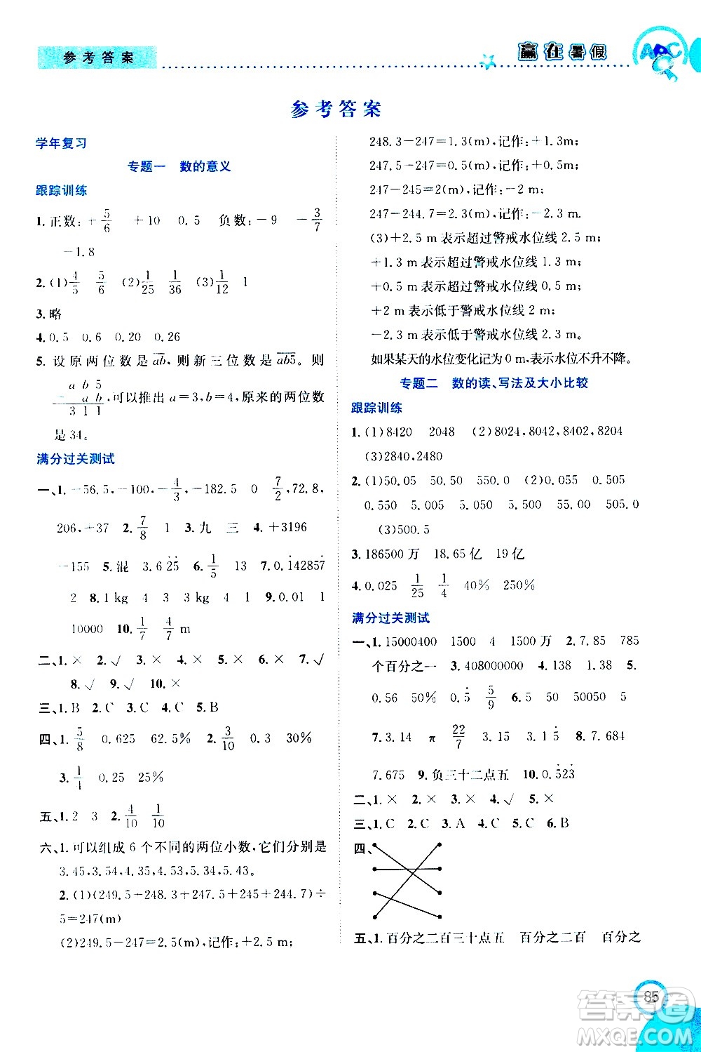 2020年暑假學期總復習贏在暑假銜接教材數(shù)學6升7參考答案