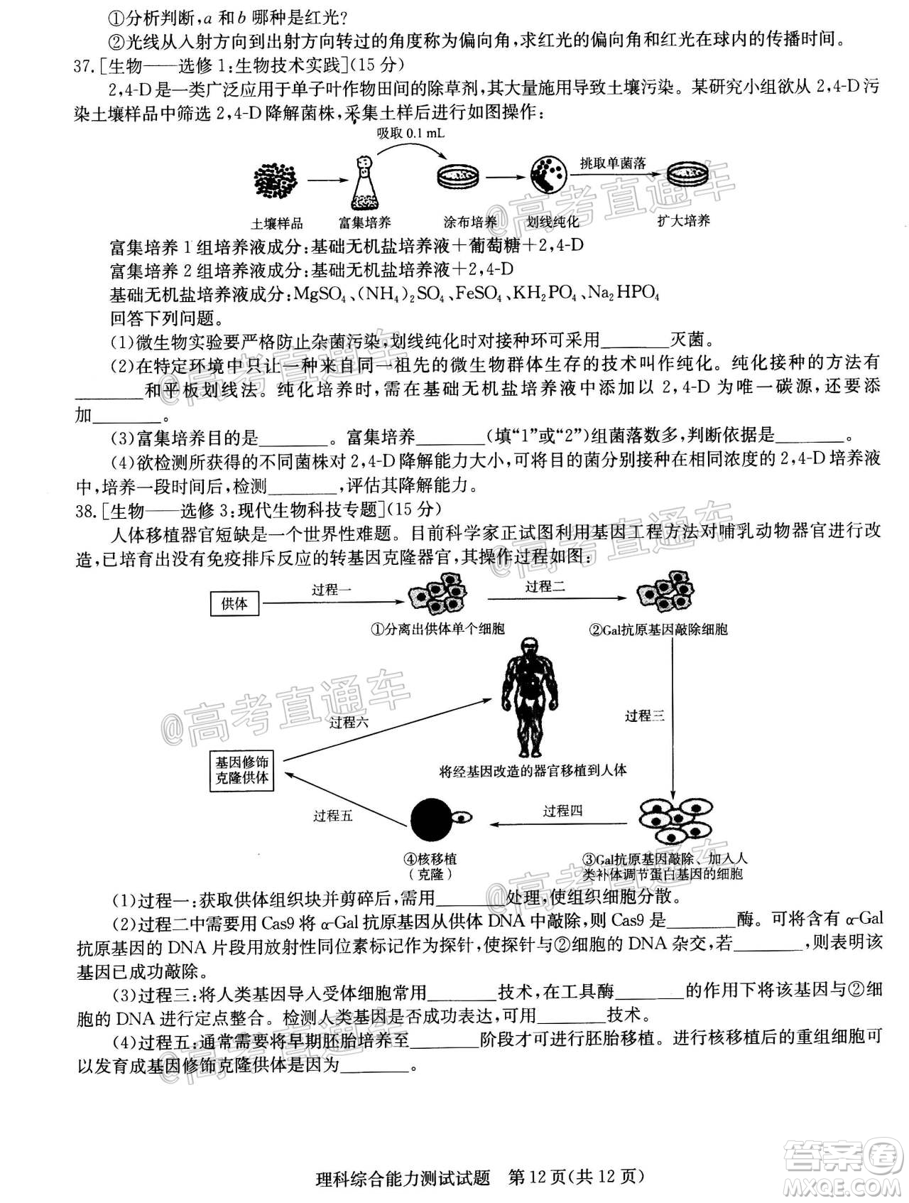 2020年華大新高考聯(lián)盟名校押題卷6月理科綜合試題及答案