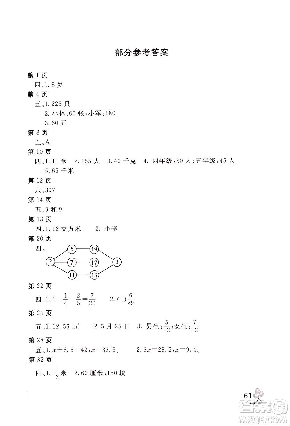 2020年新課堂假期生活暑假用書數(shù)學(xué)五年江蘇版參考答案