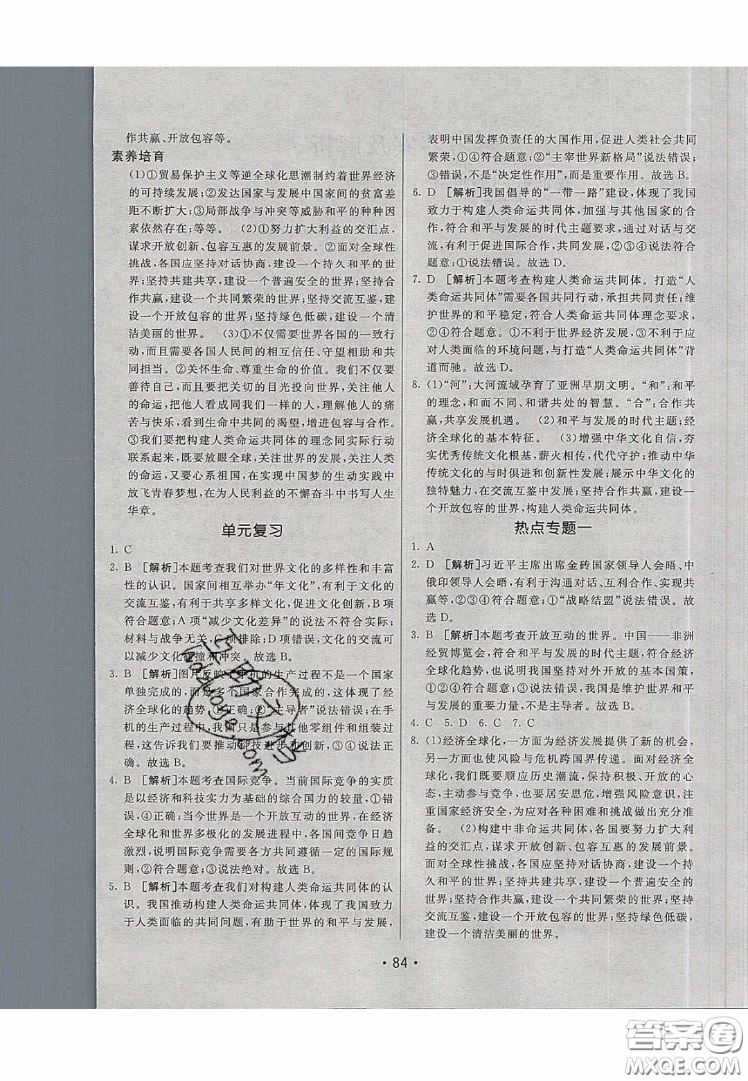 2020年同行學(xué)案學(xué)練測九年級道德與法治下冊人教版答案