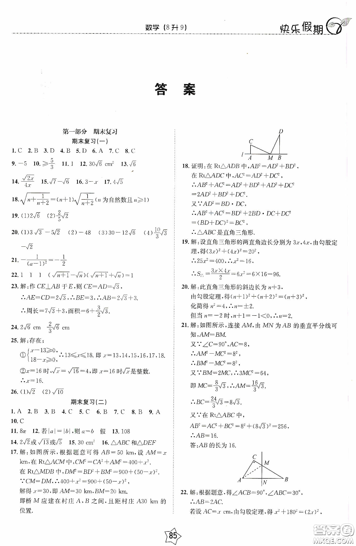 2020快樂假期銜接優(yōu)化訓(xùn)練暑假數(shù)學(xué)8升9答案