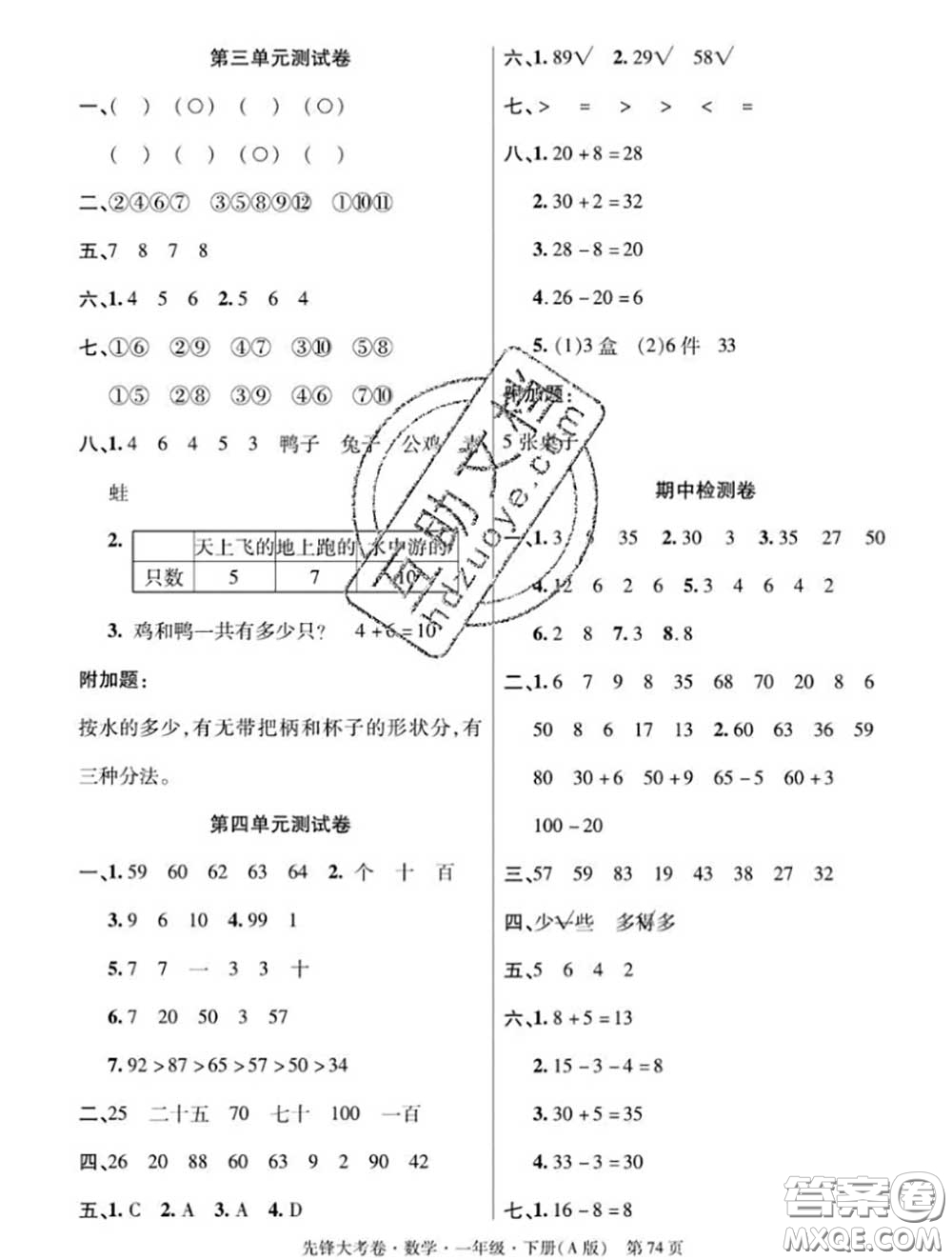 新疆文化出版社2020年先鋒大考卷一年級數學下冊人教版答案