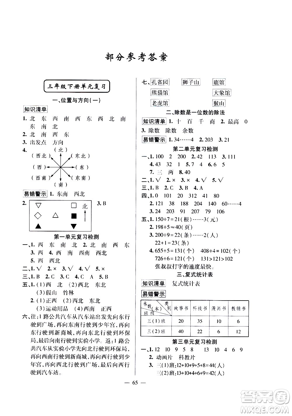 新疆青少年出版社2020年暑假作業(yè)數(shù)學三年級參考答案