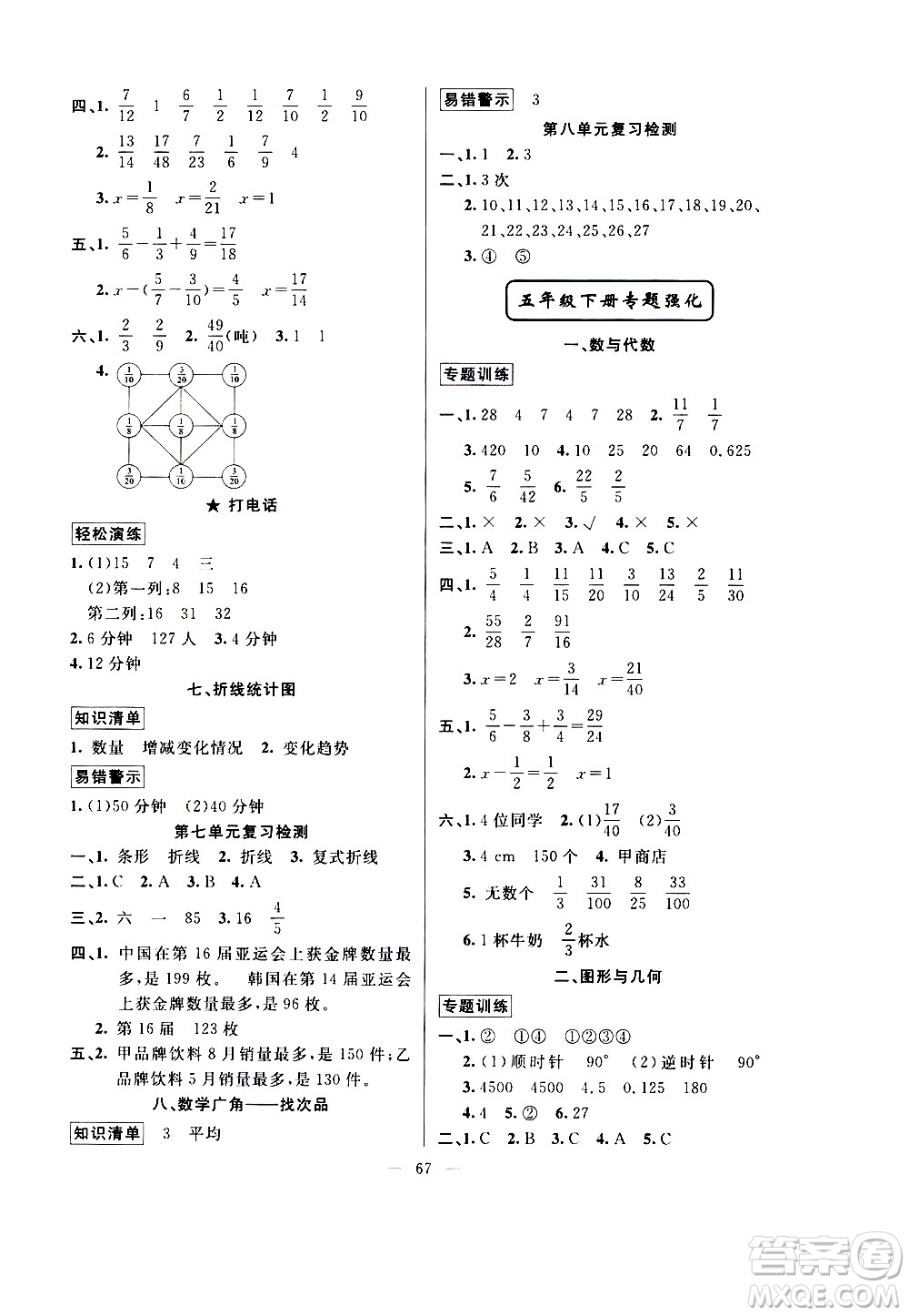 新疆青少年出版社2020年暑假作業(yè)數(shù)學五年級參考答案