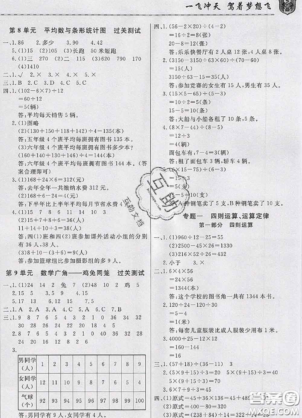 天津人民出版社2020年一飛沖天小復(fù)習(xí)四年級數(shù)學(xué)下冊答案