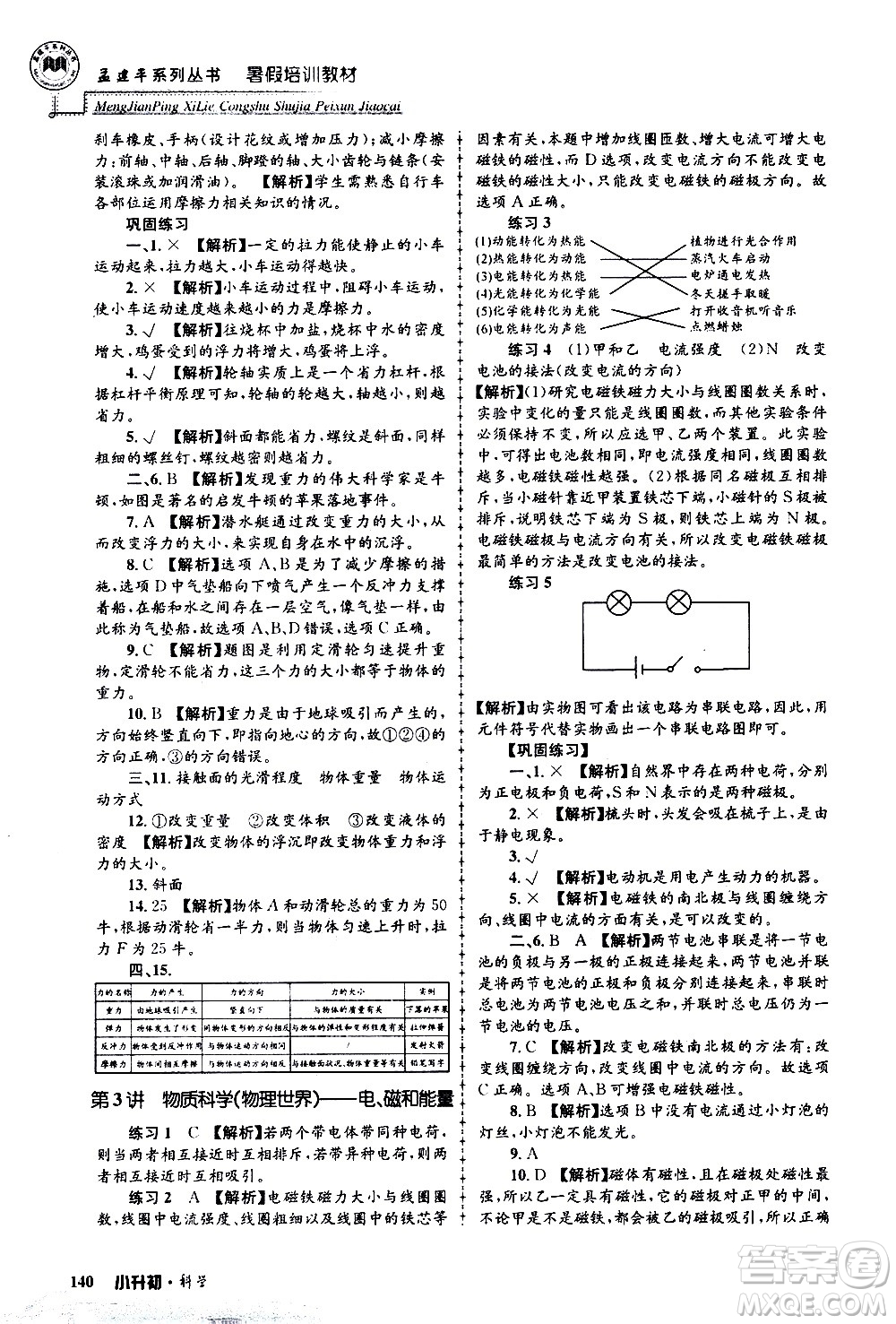 2020年孟建平系列叢書(shū)暑假培訓(xùn)教材小升初科學(xué)參考答案