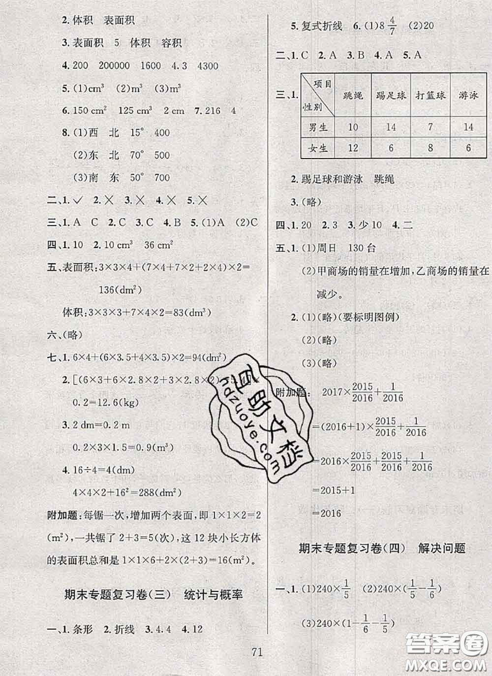 2020名校名卷期末沖刺100分五年級數(shù)學(xué)下冊北師版答案