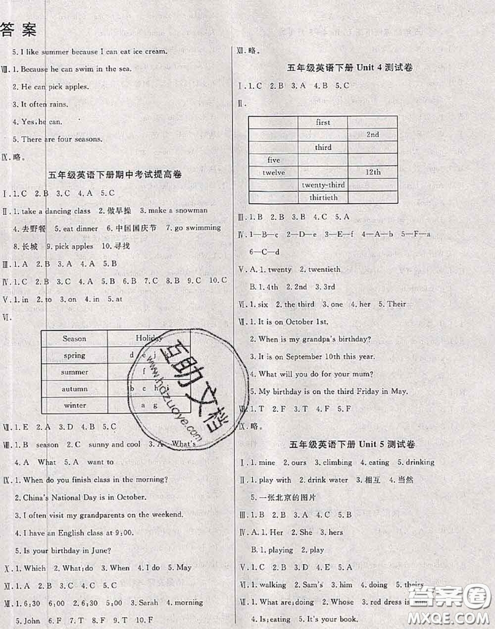 2020年黃岡小博士沖刺100分五年級(jí)英語(yǔ)下冊(cè)人教版答案