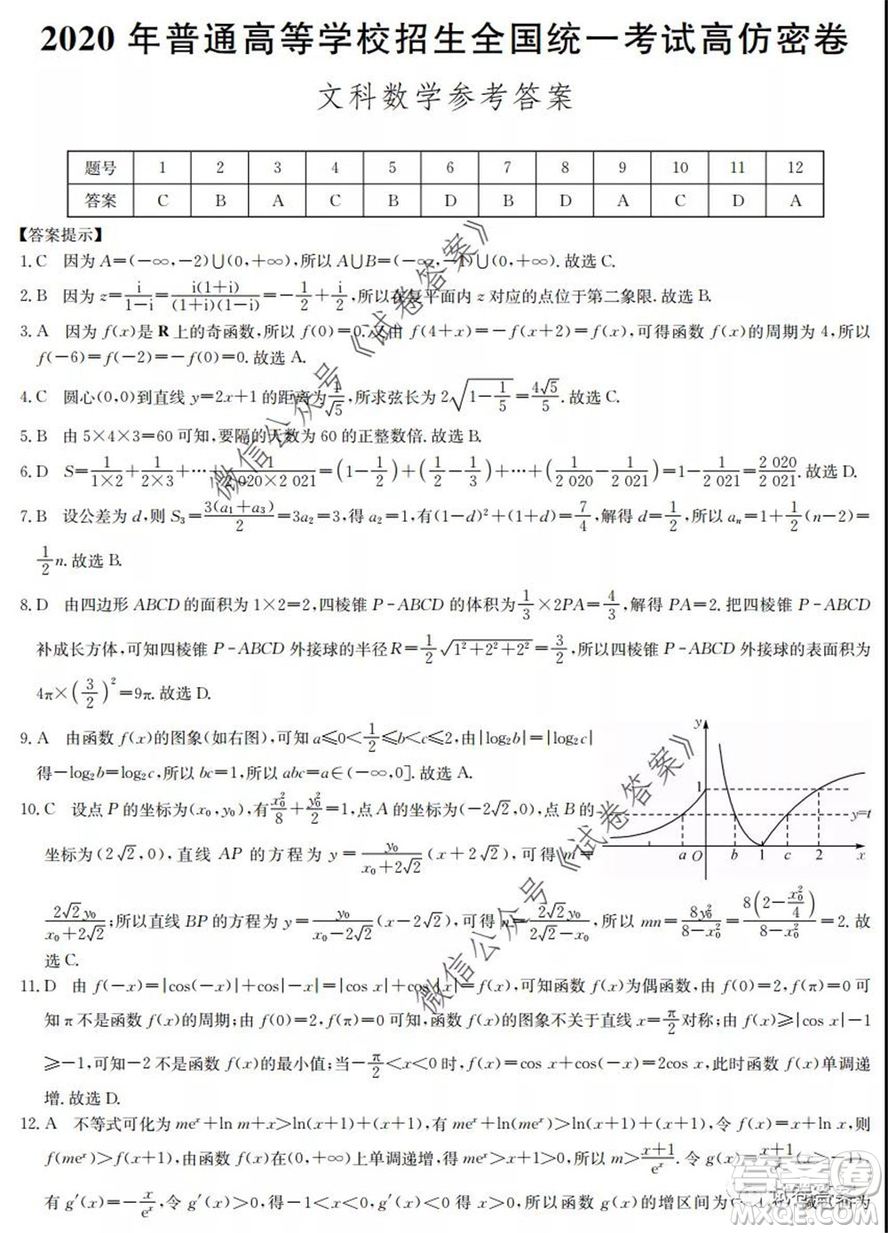 九師聯(lián)盟2020年普通高等學(xué)校招生全國統(tǒng)一考試高仿密卷文科數(shù)學(xué)試題及答案