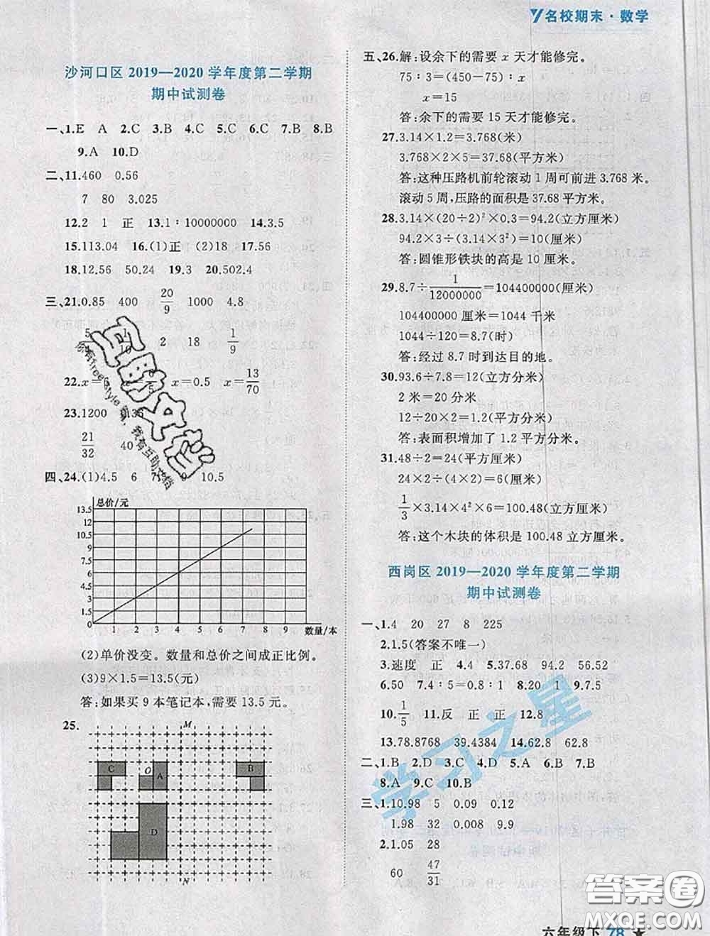 2020年名校期末大連市各區(qū)名校期中期末仿真試卷12套六年級(jí)數(shù)學(xué)下冊(cè)答案