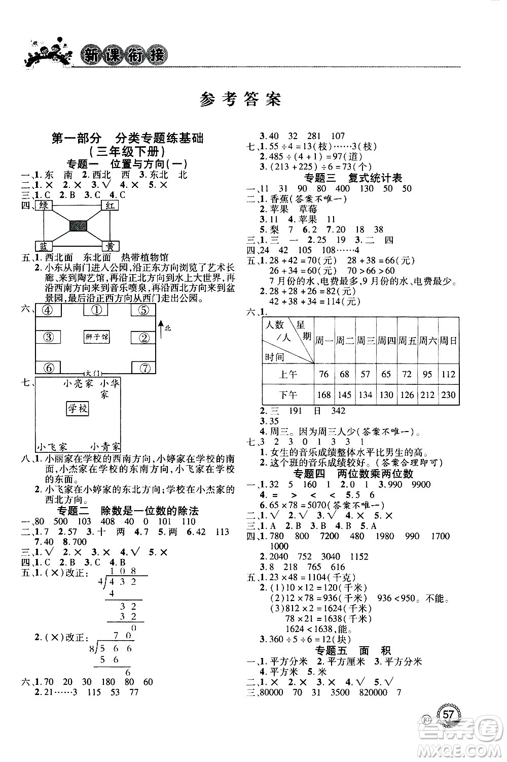 2020年步步高系列假期天天樂新課銜接數(shù)學(xué)三年級(jí)RJ人教版參考答案