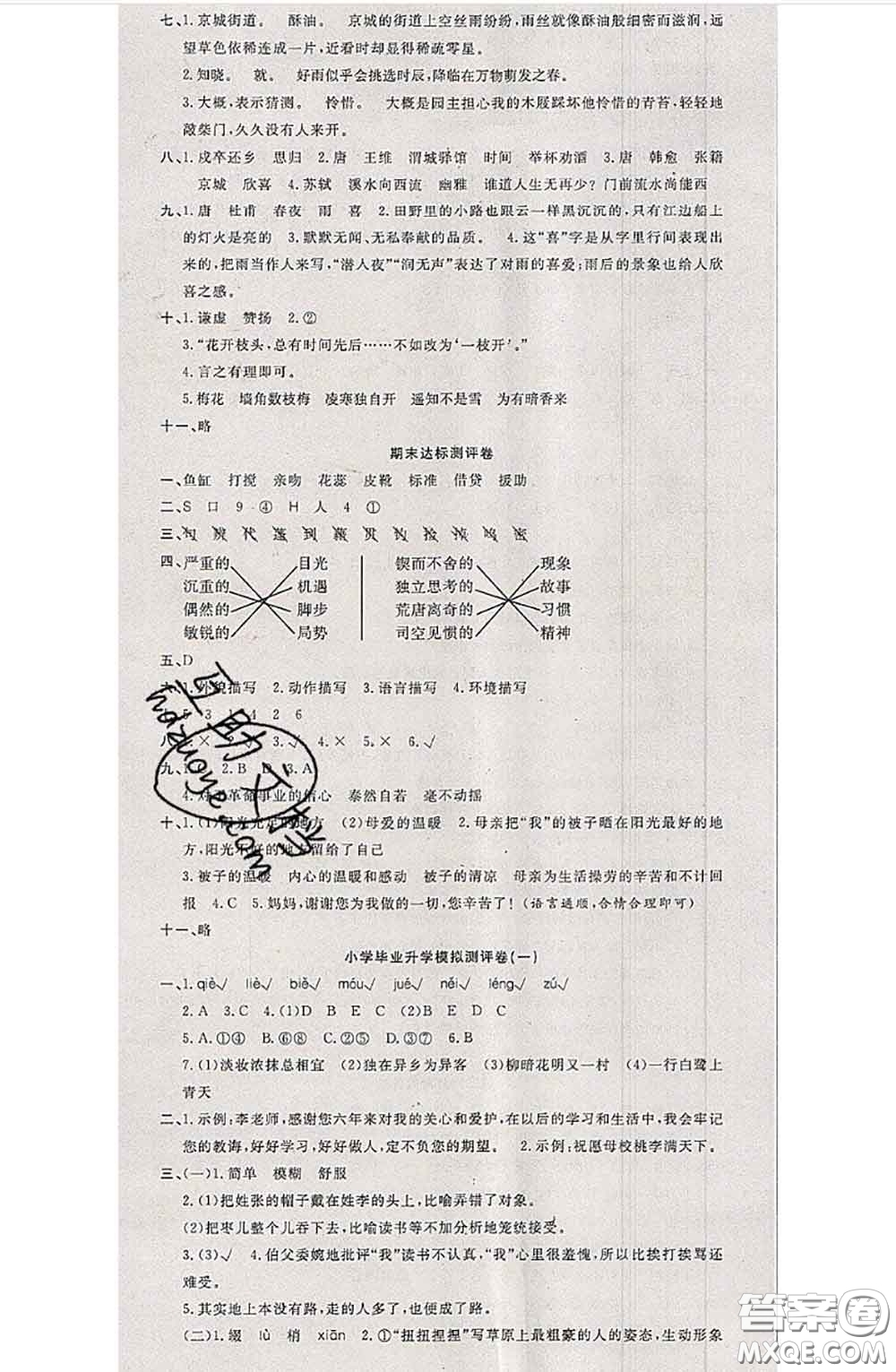 南方出版社2020狀元大考卷六年級(jí)語(yǔ)文下冊(cè)人教版答案