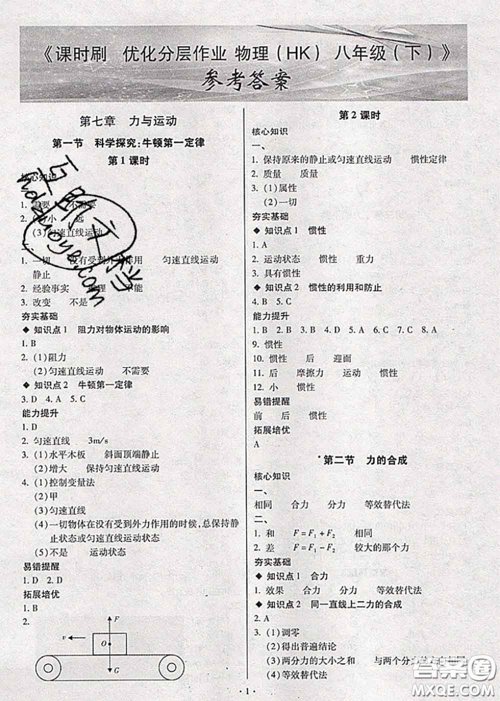 2020年課時刷優(yōu)化分層作業(yè)八年級物理下冊滬科版答案