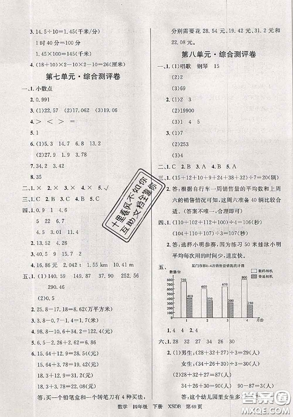 2020年優(yōu)優(yōu)好卷單元測(cè)評(píng)卷四年級(jí)數(shù)學(xué)下冊(cè)西師版答案