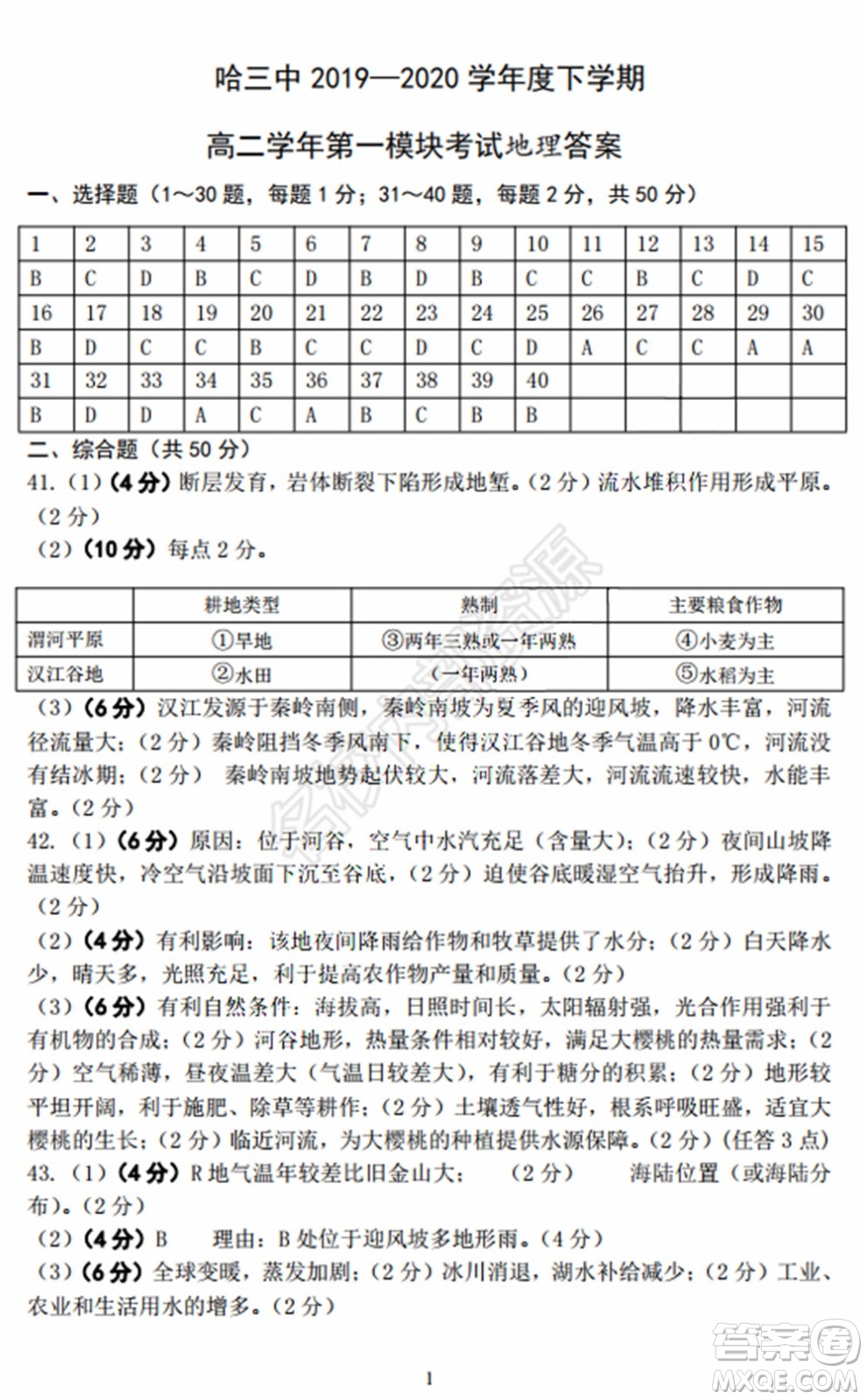 哈三中2020年高二下學(xué)期期末考試文科綜合試卷及答案