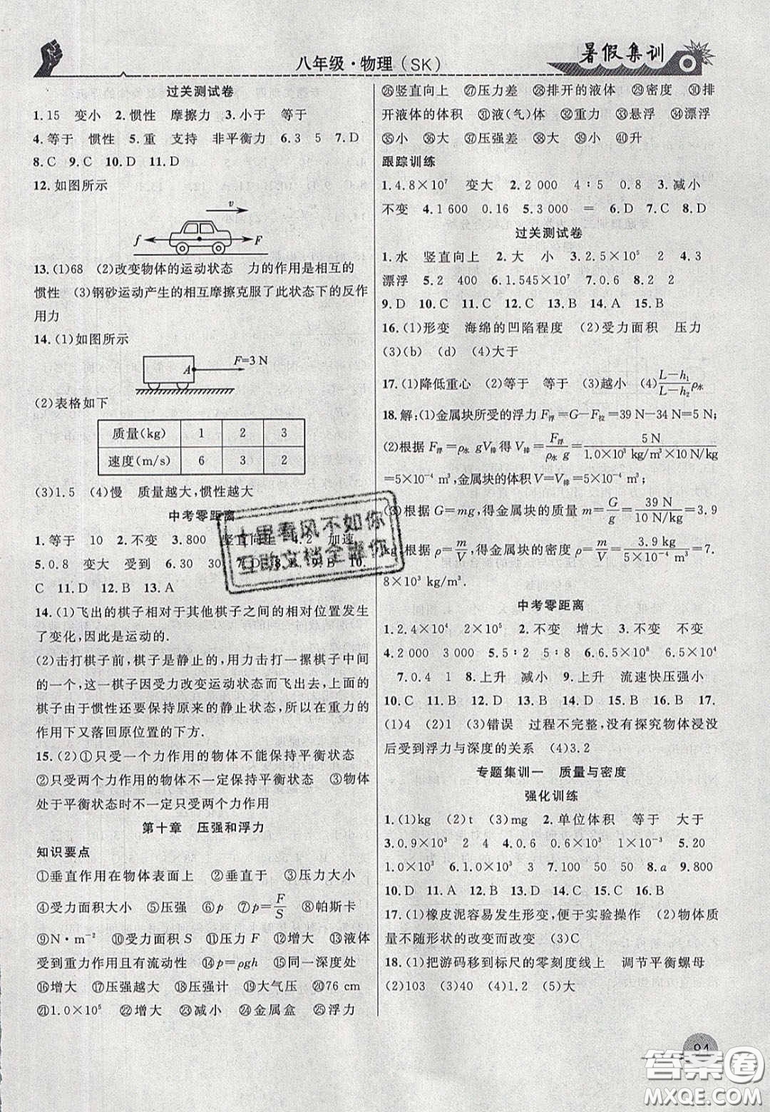 合肥工業(yè)大學(xué)出版社2020暑假集訓(xùn)八年級物理蘇科版答案