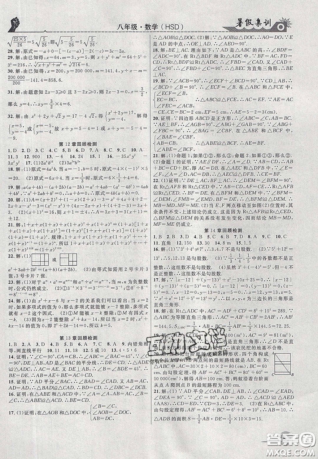 合肥工業(yè)大學(xué)出版社2020暑假集訓(xùn)八年級數(shù)學(xué)華師大版答案