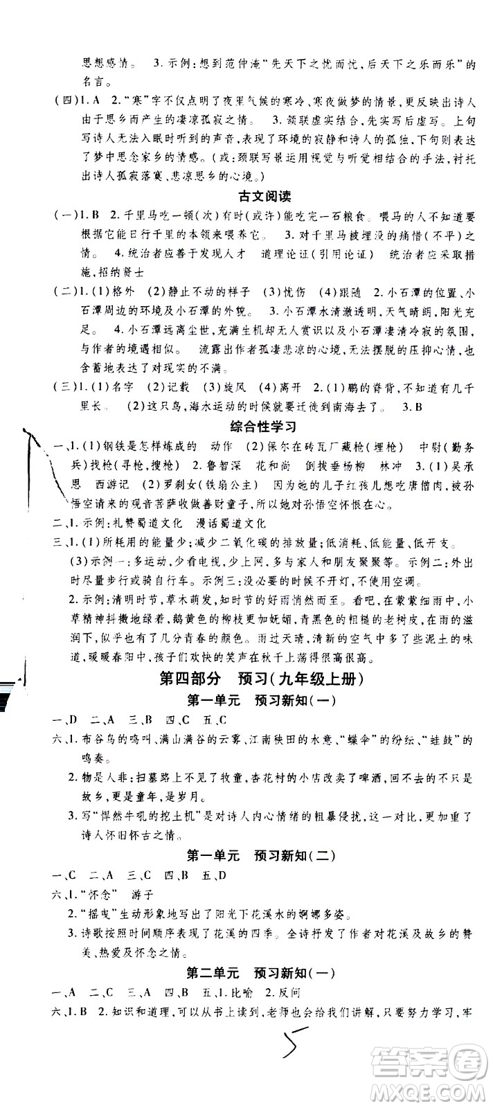 2020年智趣暑假作業(yè)學(xué)年總復(fù)習(xí)溫故知新語(yǔ)文八年級(jí)人教版參考答案