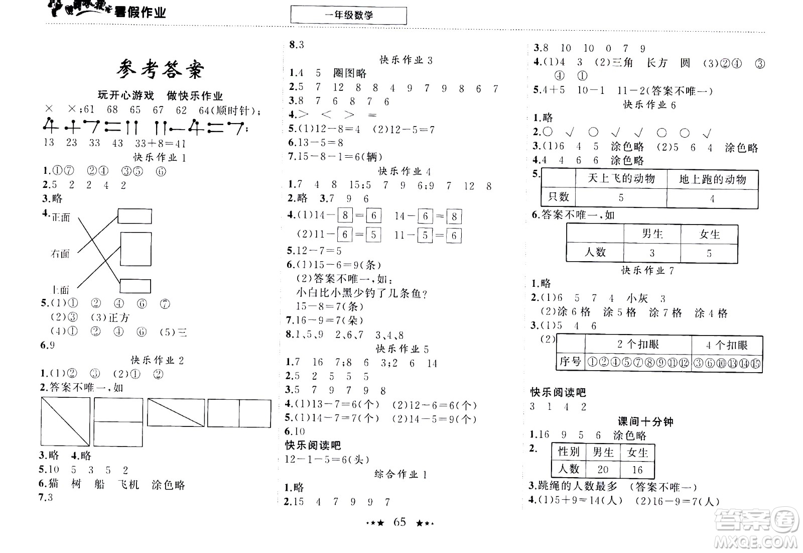 龍門書局2020年黃岡小狀元暑假作業(yè)一年級數(shù)學參考答案