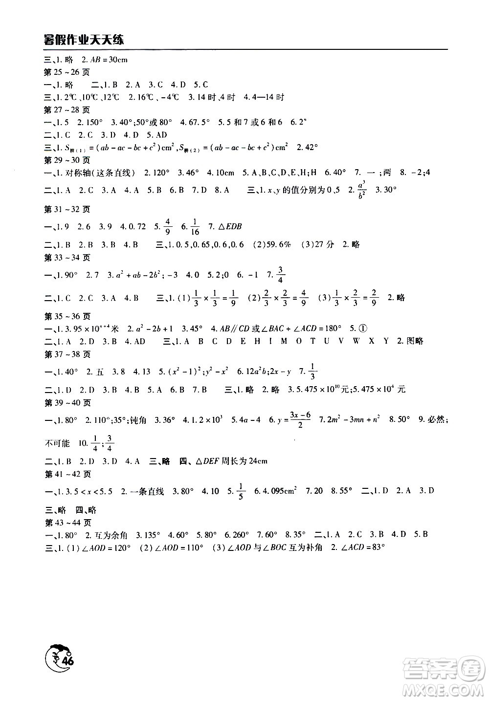 文心出版社2020年暑假作業(yè)天天練七年級數(shù)學人教版參考答案