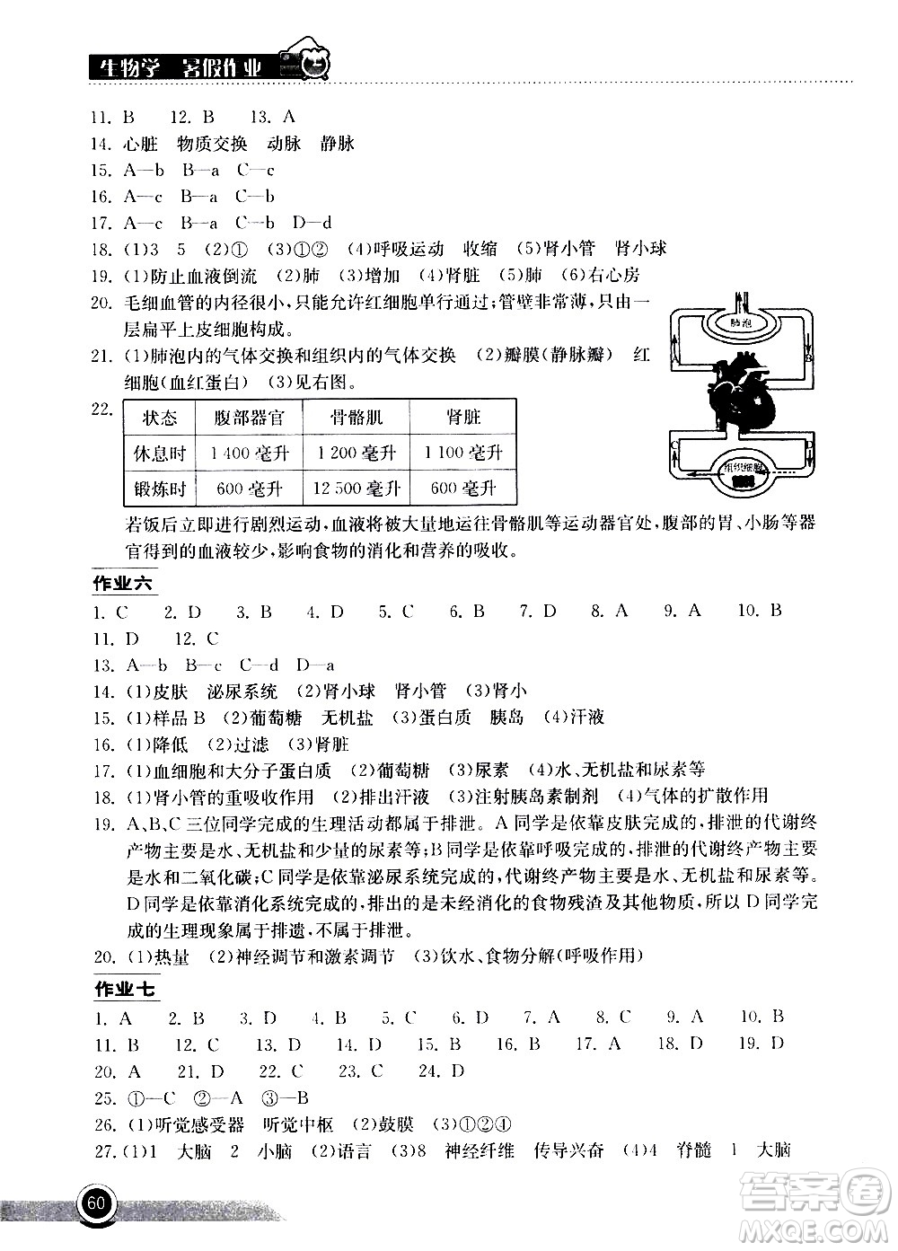 2020年長江作業(yè)本暑假作業(yè)生物學(xué)七年級參考答案