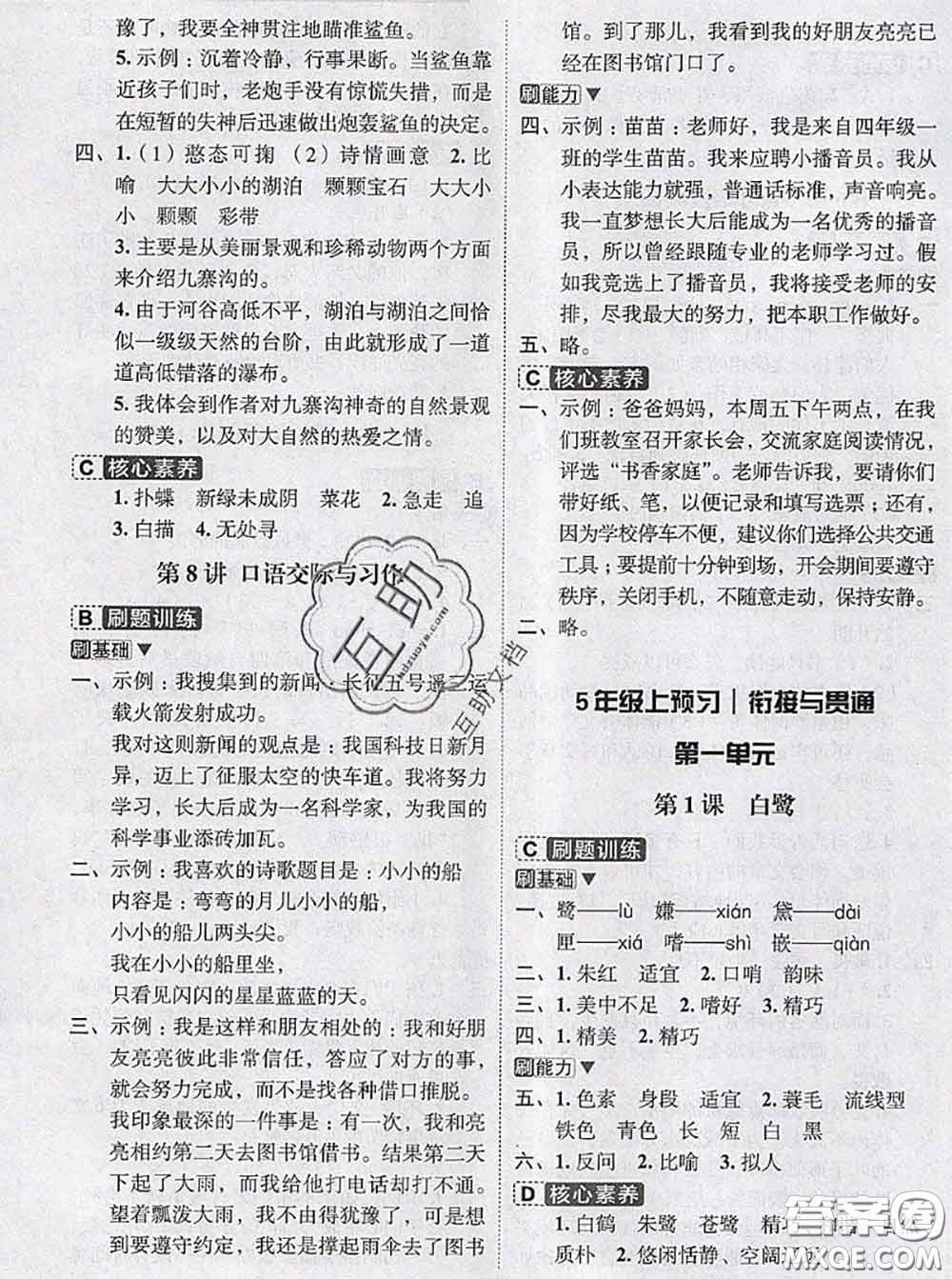 寧波出版社2020新版名師派暑假銜接四升五語文答案