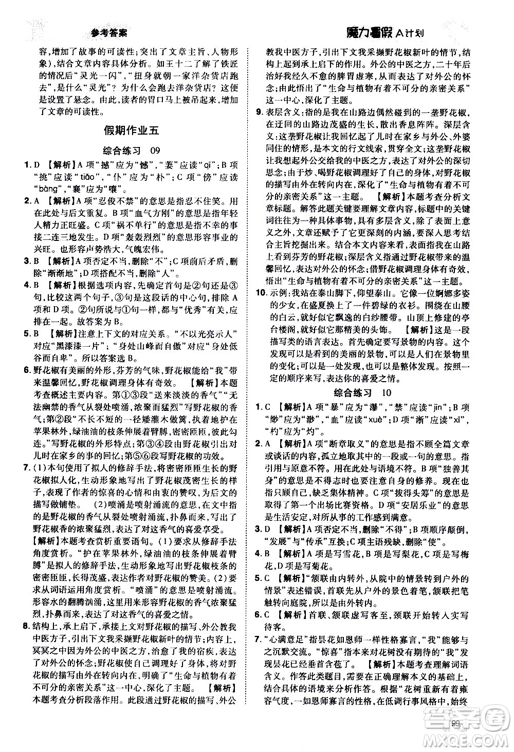 宇恒文化2020年魔力暑假A計劃語文七年級RJ人教版參考答案