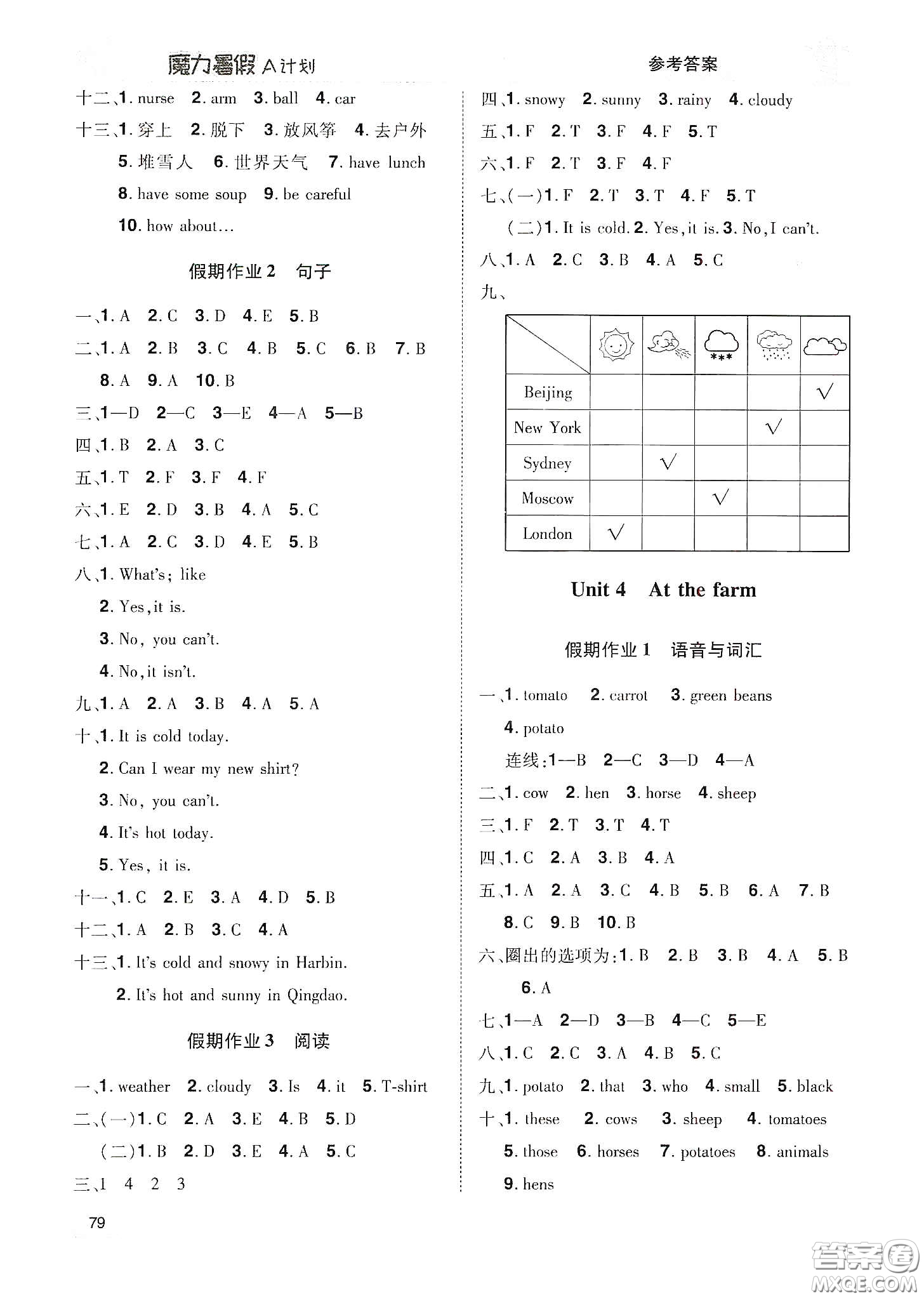 宇恒文化2020魔力暑假A計(jì)劃四年級英語人教版答案