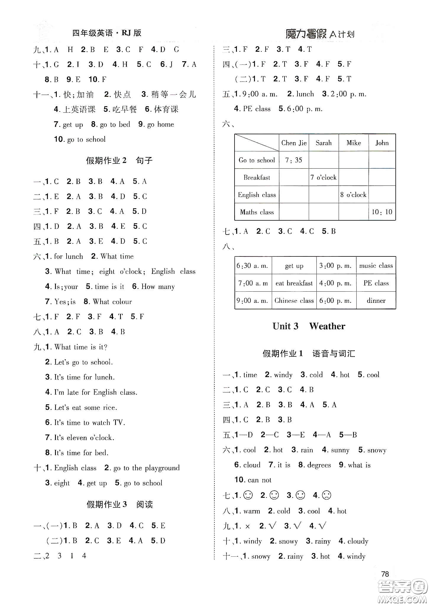 宇恒文化2020魔力暑假A計(jì)劃四年級英語人教版答案