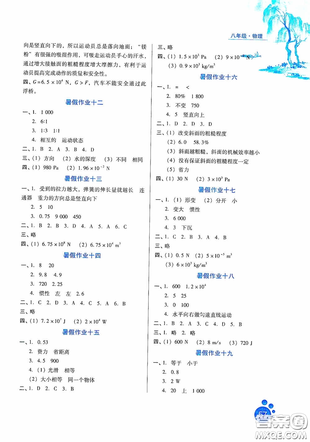 河北人民出版社2020暑假生活通用版八年級物理答案