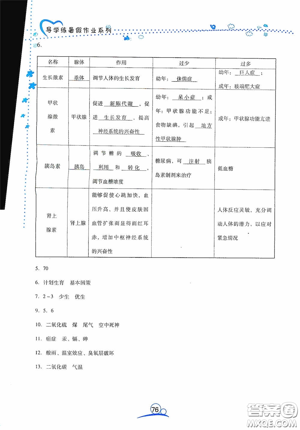 云南教育出版社2020導(dǎo)學(xué)練暑假作業(yè)系列生物學(xué)七年級答案