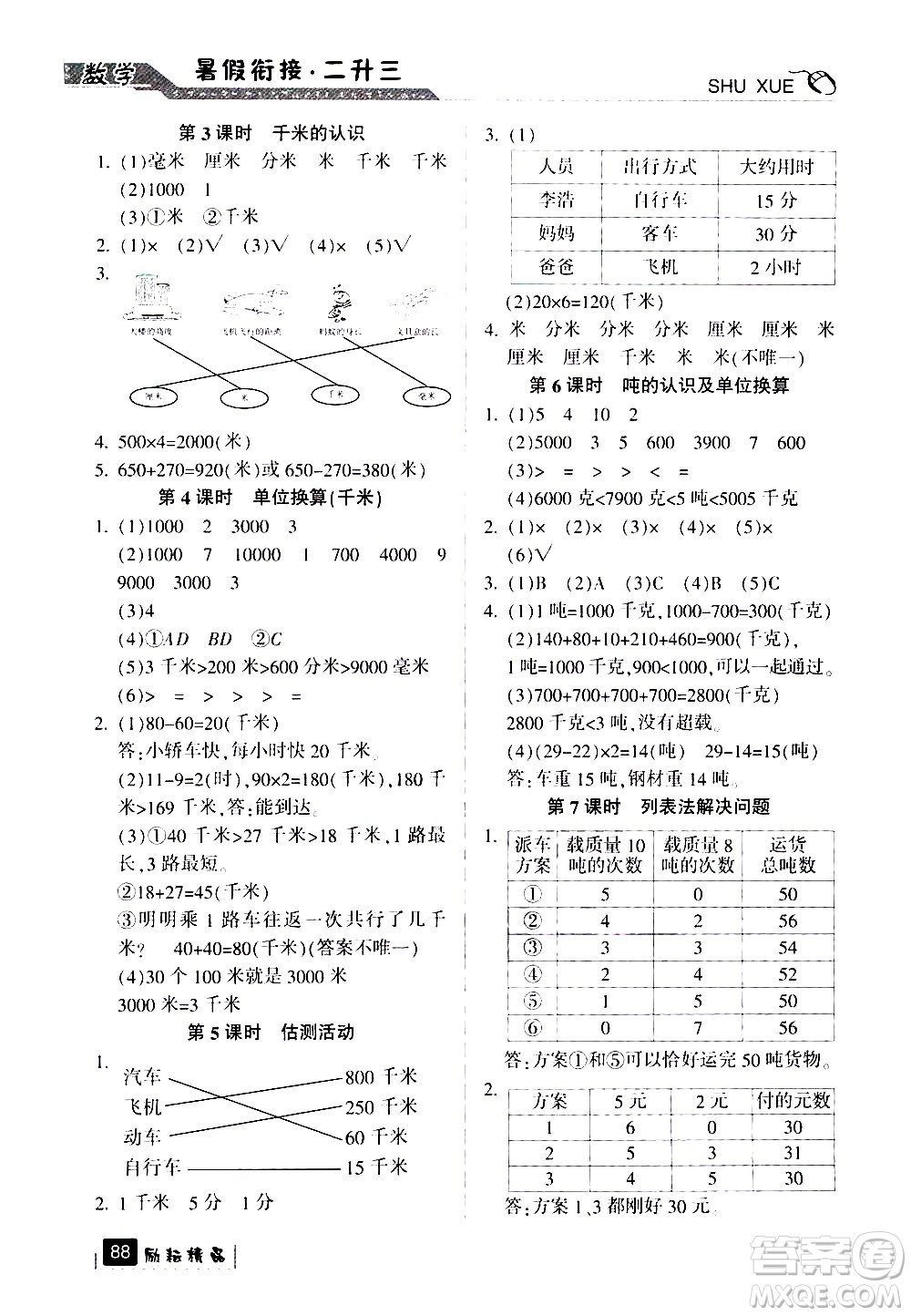 延邊人民出版社2020年勵耘書業(yè)暑假銜接2升3數(shù)學人教版參考答案