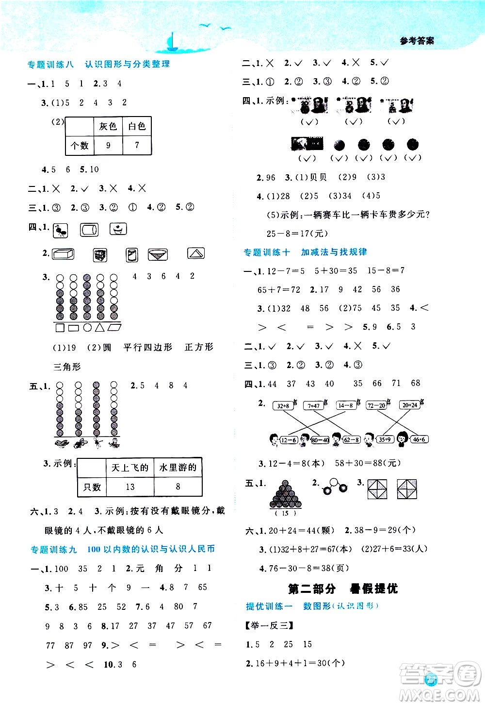 2020年陽光同學(xué)暑假銜接1升2數(shù)學(xué)RJ人教版參考答案