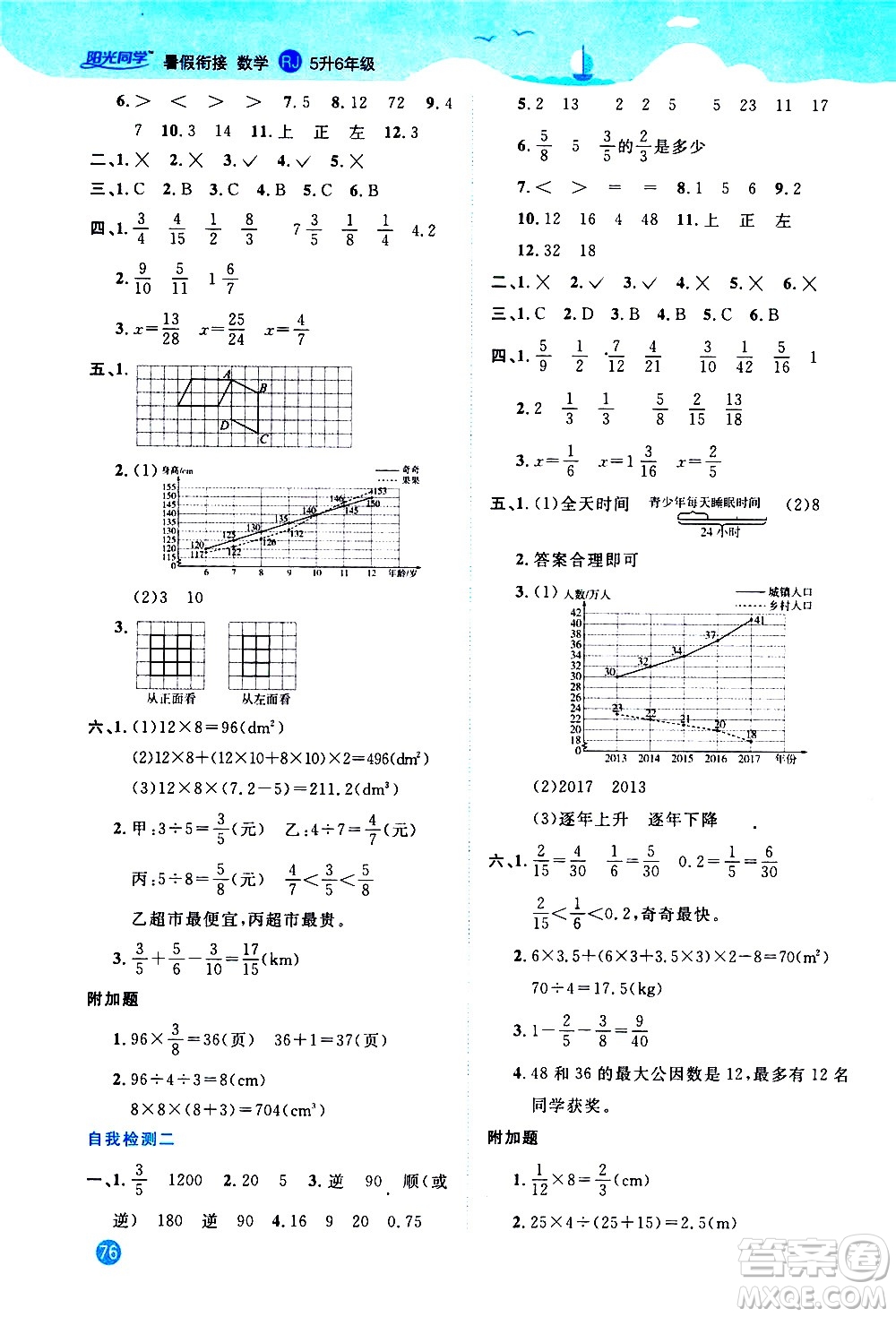 2020年陽光同學(xué)暑假銜接5升6數(shù)學(xué)RJ人教版參考答案