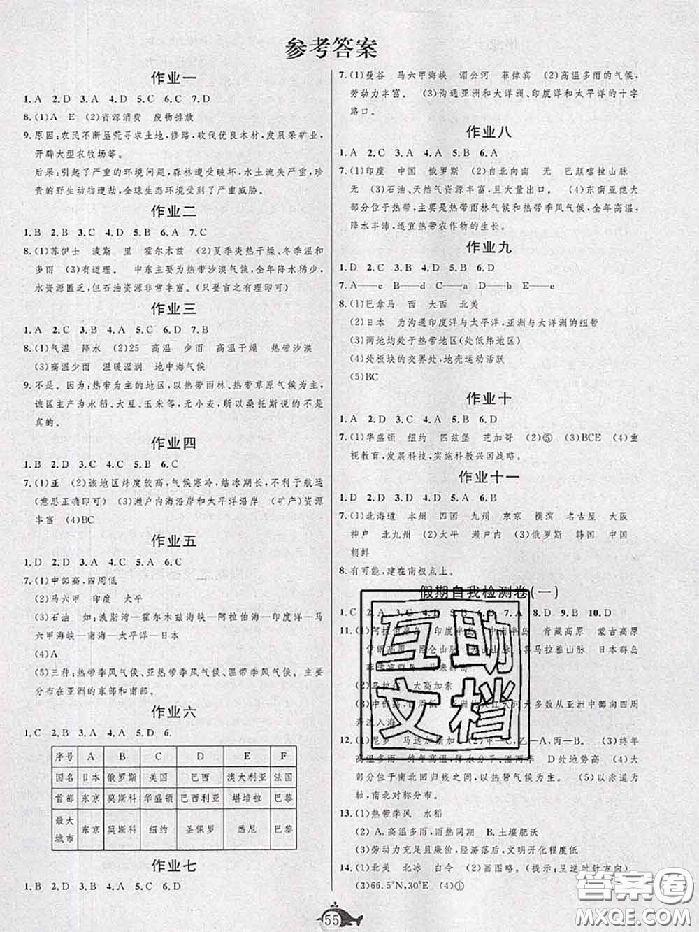 武漢大學(xué)出版社2020年績(jī)優(yōu)課堂快樂暑假七年級(jí)地理湘教版答案