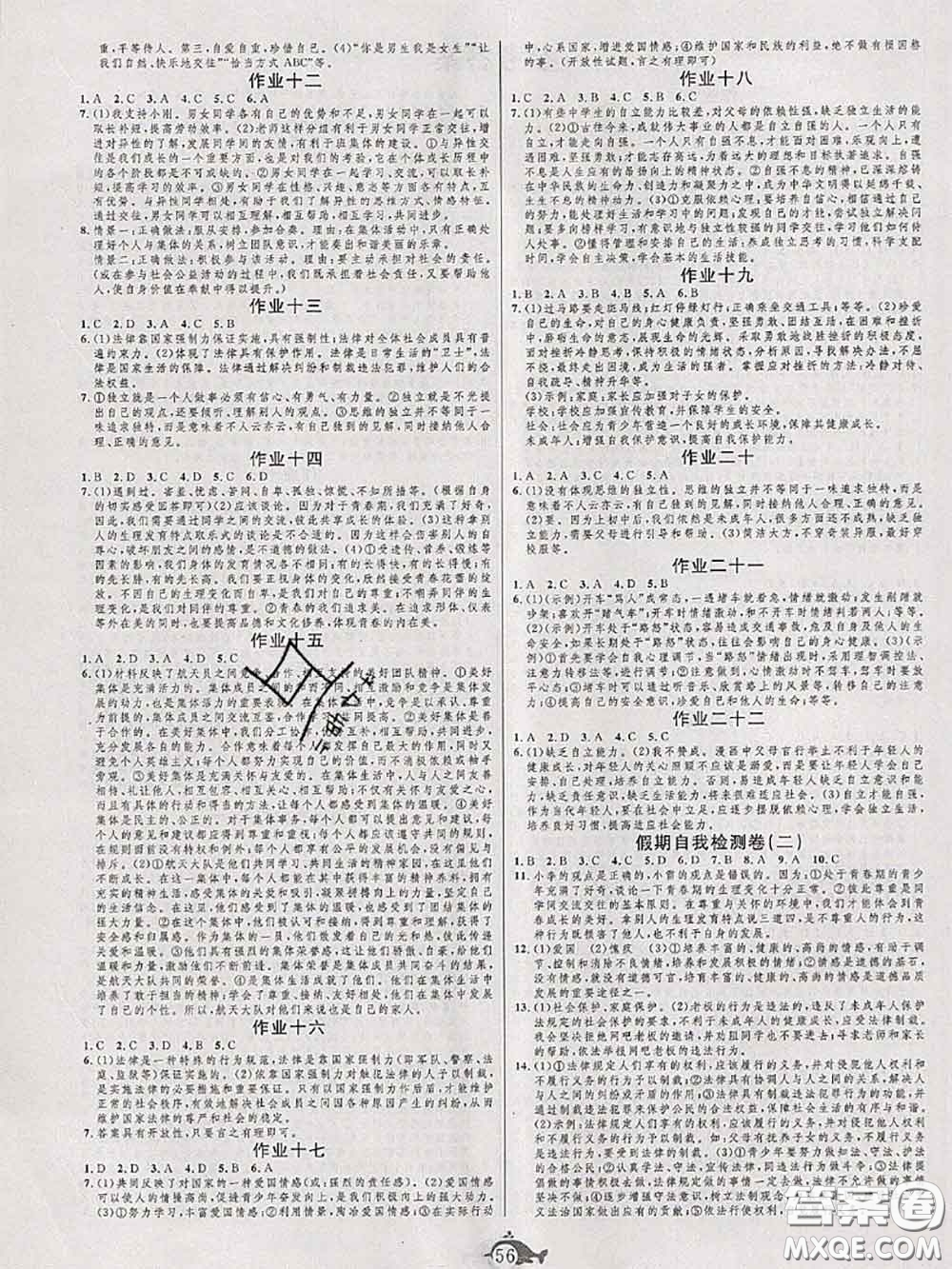 武漢大學(xué)出版社2020年績(jī)優(yōu)課堂快樂(lè)暑假七年級(jí)道德與法治人教版答案