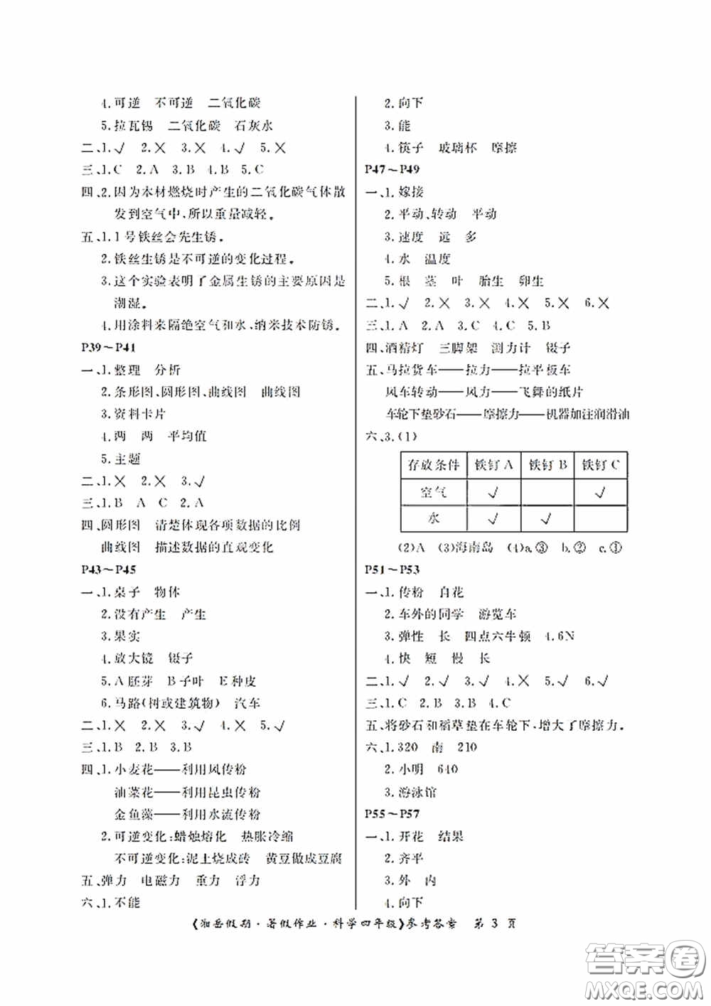 湖南大學(xué)出版社2020湘岳假期暑假作業(yè)四年級(jí)科學(xué)第四版答案