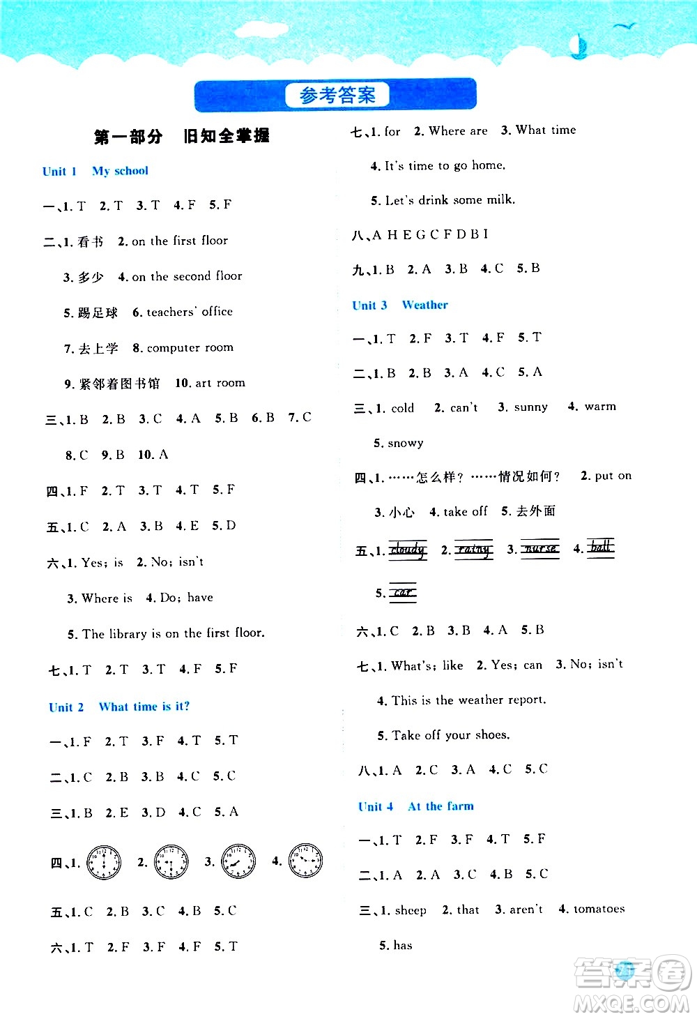 江西教育出版社2020年陽光同學(xué)暑假銜接4升5英語PEP人教版參考答案